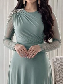 Feyla 女士优雅仿珍珠装饰收腰长袖连衣裙，秋季 - 薄荷藍 - 查看 3