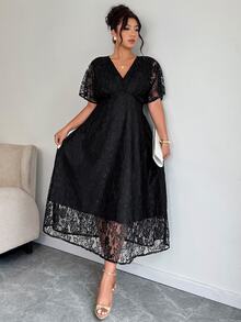 Elenzga Plus Size Women's Elegant V-Neck Lace Dress With Waist Cinching, Suitable For Wedding, Party And Banquet, Spring/Summer Elegant - Black - View 4