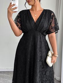 Elenzga Plus Size Women's Elegant V-Neck Lace Dress With Waist Cinching, Suitable For Wedding, Party And Banquet, Spring/Summer Elegant - Black - View 5