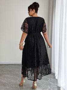 Elenzga Plus Size Women's Elegant V-Neck Lace Dress With Waist Cinching, Suitable For Wedding, Party And Banquet, Spring/Summer Elegant - Black - View 2