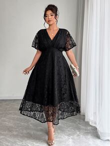 Elenzga Plus Size Women's Elegant V-Neck Lace Dress With Waist Cinching, Suitable For Wedding, Party And Banquet, Spring/Summer Elegant - Black - View 3