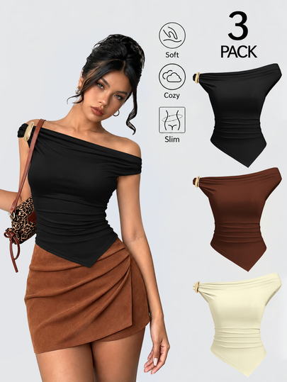 Sweetra Women's Summer European And American Fashion Solid Color 3-Piece Set, Metal Decor Twist Hem Asymmetric Hem Fitted Casual Commuter Versatile T-Shirt