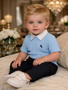 Two-Piece Set For Young Boys White Textured Knit Top With Small Chest Embroidery And Dark Trousers-Suitable For Casual Wear Ring Bearer Fall Birthday - Multicolor - View 4