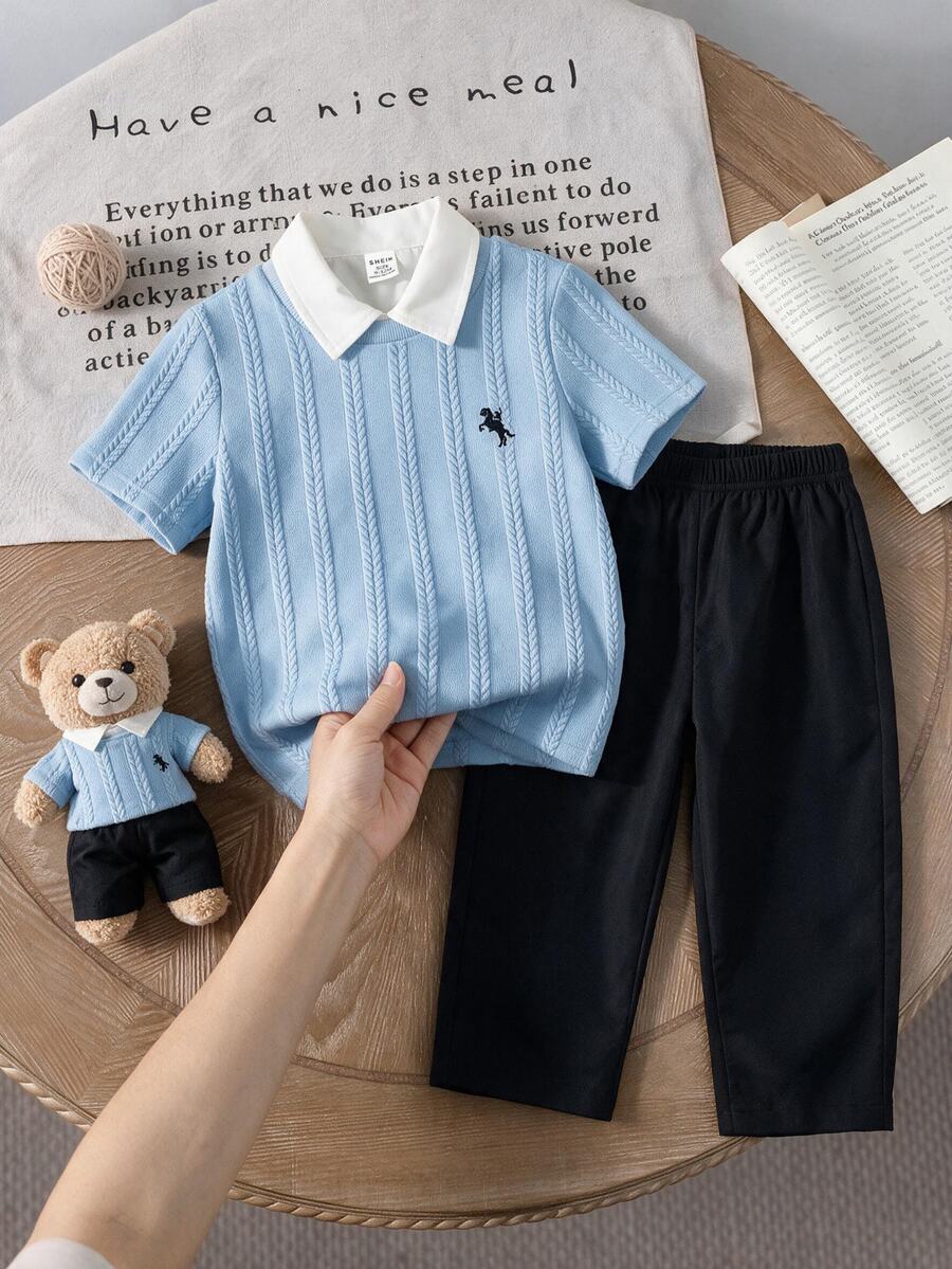 Two-Piece Set For Young Boys White Textured Knit Top With Small Chest Embroidery And Dark Trousers-Suitable For Casual Wear Ring Bearer Fall Birthday - Multicolor - View 1