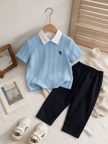 Two-Piece Set For Young Boys White Textured Knit Top With Small Chest Embroidery And Dark Trousers-Suitable For Casual Wear Ring Bearer Fall Birthday - Multicolor - View 5