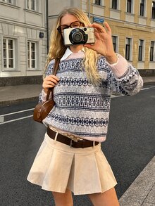 SHEIN EZwear 女款冬季毛衣，復古圖案費爾島圓領長袖聖誕新年造型 - 粉色 - 查看 6