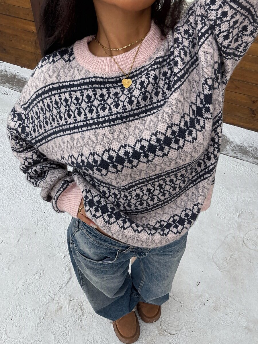 SHEIN EZwear 女款冬季毛衣,復古圖案費爾島圓領長袖聖誕新年造型 - 粉色 - 查看 1