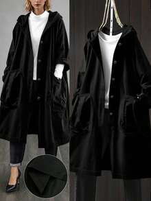 SHEIN LUNE Plus Size Casual Hooded Long Jacket With Large Pockets Winter Fall Autumn - Black - View 1