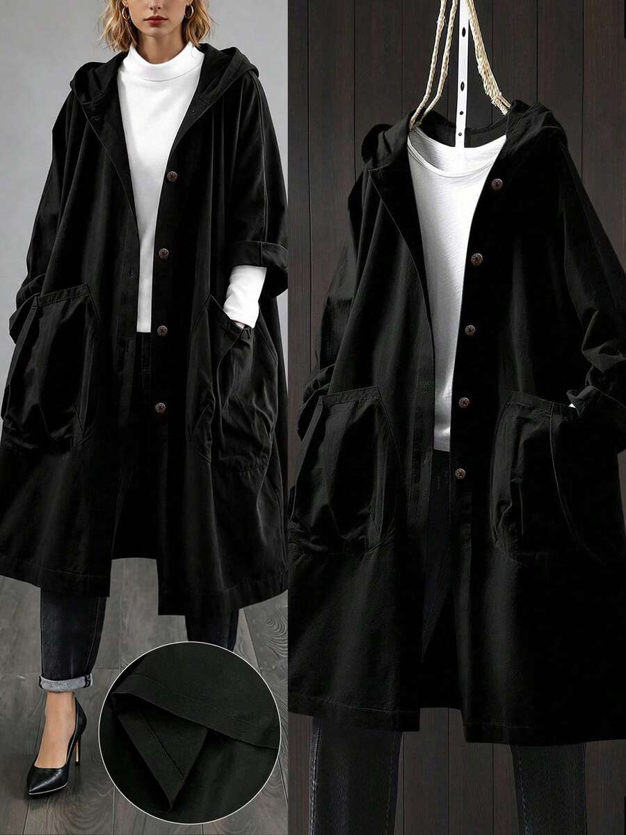 SHEIN LUNE Plus Size Casual Hooded Long Jacket With Large Pockets Winter Fall Autumn - Black - View 1