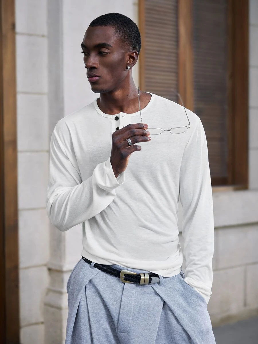Mainfolk Men's Off-White Button Half-Placket Long Sleeve Casual T-Shirt Vacation Holiday Autumn Halloween Winter Party Autumn