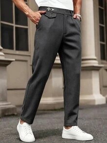 Manfinity Mode Men's Business Casual Striped Jacquard Wool Suit Pants, Perfect Gift For Holidays - Dark Grey - View 3