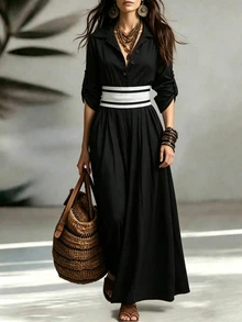 SHEIN Women's Early Autumn New Long Sleeve Collared Elastic Waist Long Colorblock Black Dress, Black Dress - Black - View 5