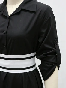 SHEIN Women's Early Autumn New Long Sleeve Collared Elastic Waist Long Colorblock Black Dress, Black Dress - Black - View 6