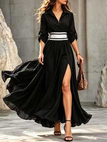 SHEIN Women's Early Autumn New Long Sleeve Collared Elastic Waist Long Colorblock Black Dress, Black Dress - Black - View 3
