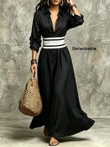 SHEIN Women's Early Autumn New Long Sleeve Collared Elastic Waist Long Colorblock Black Dress, Black Dress - Black - View 4