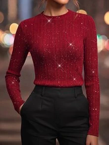 Editum 女款亮面圓領長袖修身羅紋時尚T恤，酒紅色，適合聖誕、新年、夜晚派對、秋季，優雅風 - 酒紅色 - 查看 4