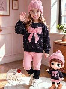 SHEIN Sparklyn 女童極簡風嬰兒時尚白色愛心圖案長袖上衣與長褲運動衫套裝 生日 幼兒園 秋季生日 - 彩色 - 查看 1