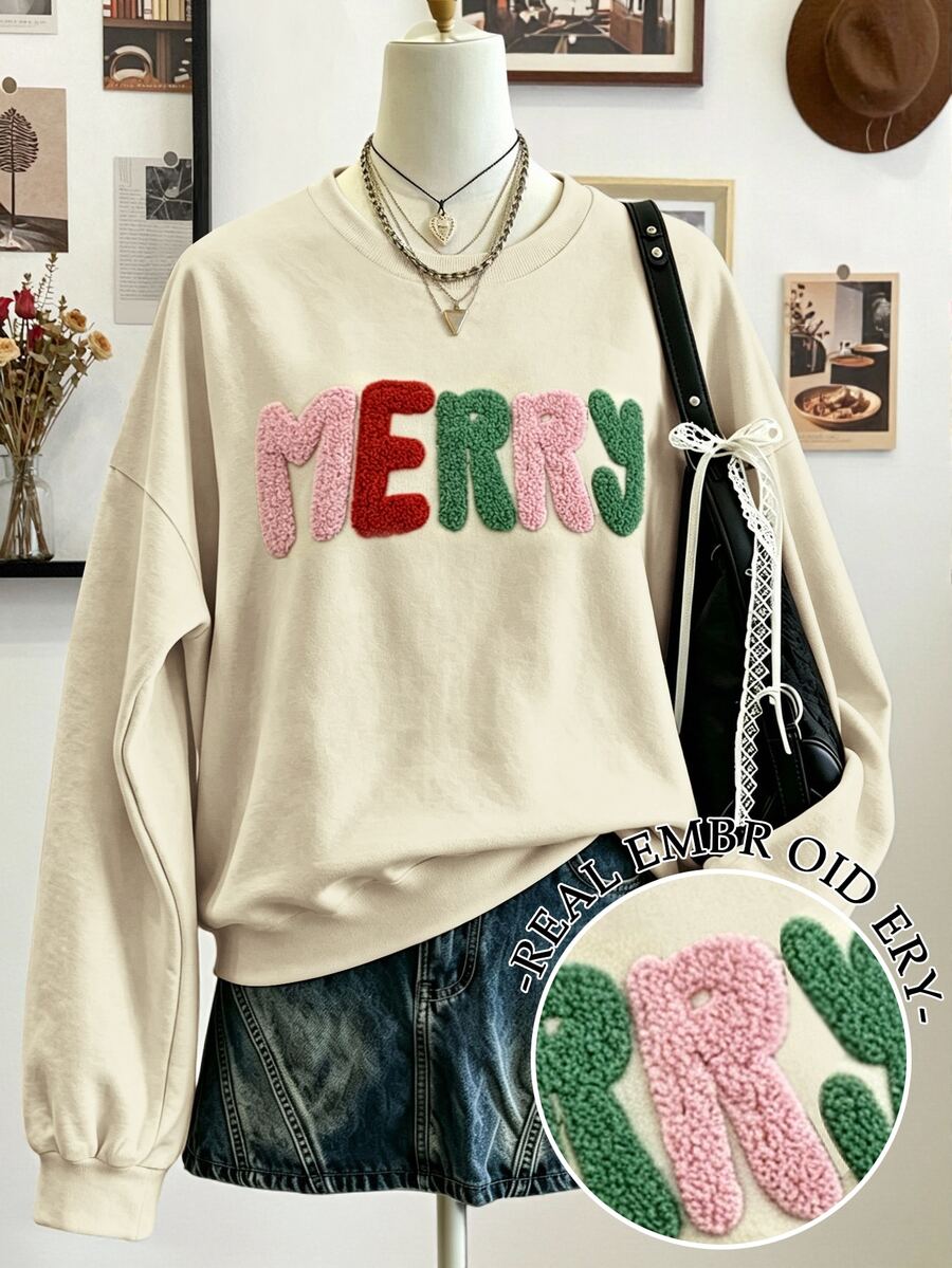 Collagica Collagica 女款聖誕 MERRY 彩色毛巾刺繡圓領衛衣,落肩長袖寬鬆休閒套頭上衣,適合秋冬 - 杏色 - 查看 1