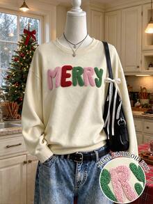 Collagica Collagica 女款聖誕 MERRY 彩色毛巾刺繡圓領衛衣，落肩長袖寬鬆休閒套頭上衣，適合秋冬 - 杏色 - 查看 3