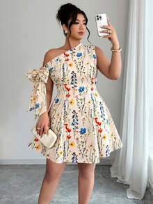 Elenzga Women's Plus Size Spring/Summer Elegant Vacation Minimalist Exquisite Date Waist-Cinched Bow Asymmetrical Shoulder Print A-Line Short Dress Tropical - Multicolor - View 5