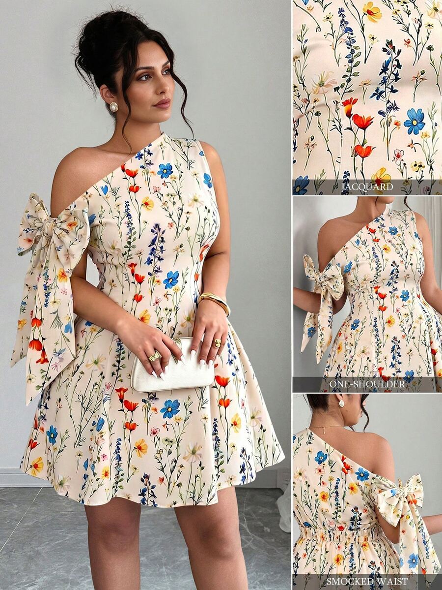 Elenzga Women's Plus Size Spring/Summer Elegant Vacation Minimalist Exquisite Date Waist-Cinched Bow Asymmetrical Shoulder Print A-Line Short Dress Tropical - Multicolor - View 1