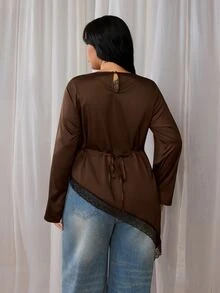 Rustia French Elegant Minimalist Round Neck Pleated Asymmetrical Hem Lace Trim Pullover Long Sleeve Commuter Blouse Glossy Plus Size Top Fall - Coffee Brown - View 2