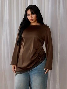 Rustia French Elegant Minimalist Round Neck Pleated Asymmetrical Hem Lace Trim Pullover Long Sleeve Commuter Blouse Glossy Plus Size Top Fall - Coffee Brown - View 7