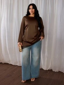 Rustia French Elegant Minimalist Round Neck Pleated Asymmetrical Hem Lace Trim Pullover Long Sleeve Commuter Blouse Glossy Plus Size Top Fall - Coffee Brown - View 6