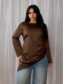 Rustia French Elegant Minimalist Round Neck Pleated Asymmetrical Hem Lace Trim Pullover Long Sleeve Commuter Blouse Glossy Plus Size Top Fall - Coffee Brown - View 5