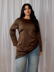 Rustia French Elegant Minimalist Round Neck Pleated Asymmetrical Hem Lace Trim Pullover Long Sleeve Commuter Blouse Glossy Plus Size Top Fall - Coffee Brown - View 3