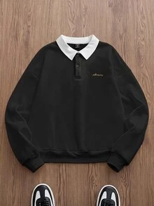 SWAVVY 男士春秋休閒標準尺寸黑色翻領刺繡套頭運動衫 - 黑色 - 查看 1