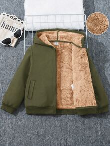 SHEIN Kids Tween Boy Casual Thermal Lined Thick Oversized Hooded Jacket, Winter Coats, Boys Clothes, Basic Top, Suitable For Fall, Winter, School - Army Green - View 2