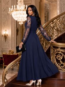 Fleurora Women's Patchwork Embroidered Mesh Lantern Sleeve Overlap V-Neck Elegant Long Dress - Navy Blue - View 2