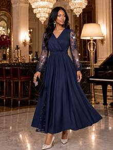 Fleurora Women's Patchwork Embroidered Mesh Lantern Sleeve Overlap V-Neck Elegant Long Dress - Navy Blue - View 3