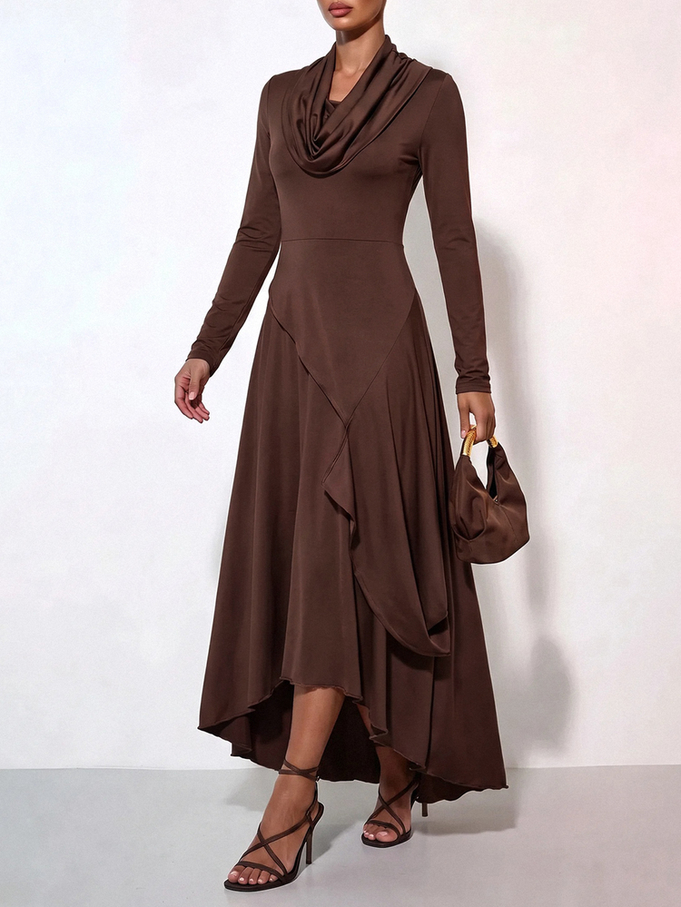 Zivah Women's Solid Color Cowl Neck Long Sleeve Patchwork Ruffle Hem Elegant Dress - Brown - View 9