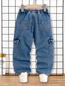 SHEIN Young BoyCasual Loose Fit Straight Leg Contrast Stitching Cargo Jeans Autumn Fall - Dark Wash - View 3