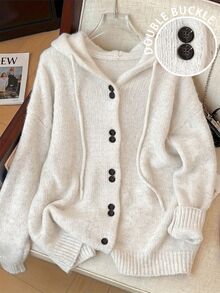GlowEve CURVE Plus Size Women Autumn Winter Hooded Knit Cardigan, Drawstring Button Front, Loose Long Sleeve Solid Allover White Casual Traditional Soft Sweater - Light Grey - View 5