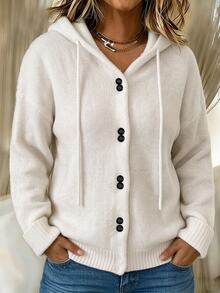 GlowEve CURVE Plus Size Women Autumn Winter Hooded Knit Cardigan, Drawstring Button Front, Loose Long Sleeve Solid Allover White Casual Traditional Soft Sweater - Light Grey - View 3