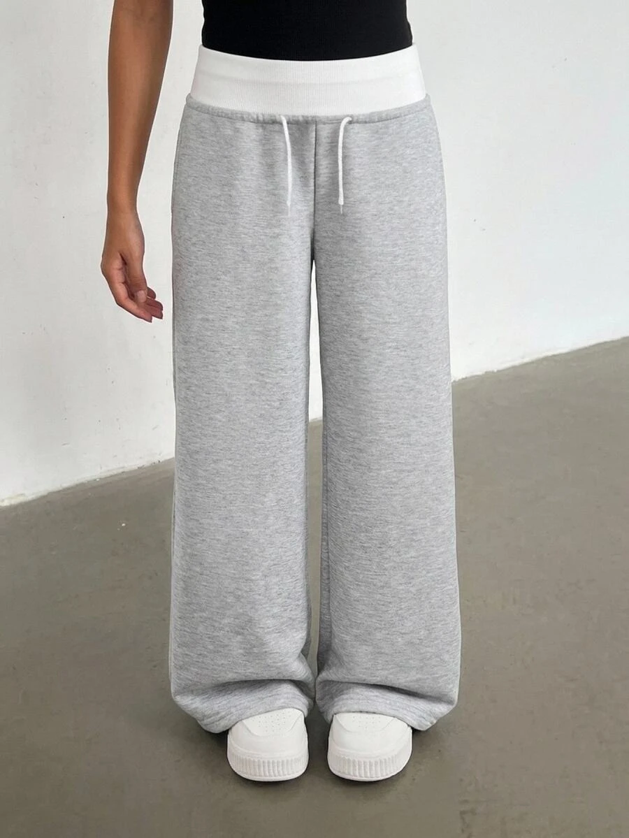 Tween Girl Teen Girls Tween Girl Knitted Grey Pants With White Waistband And Drawstring, Casual Long Pants, Winter Autumn All-Season Versatile - Light Grey - View 1