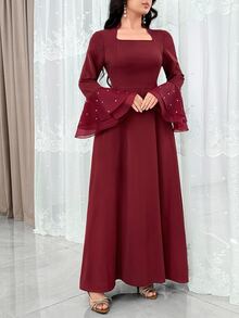 Modelyn 喇叭袖 水鑽裝飾 異材質拼接 收腰 優雅端莊 派對約會禮服 婚禮棕色夏季洋裝 - 酒紅色 - 查看 2