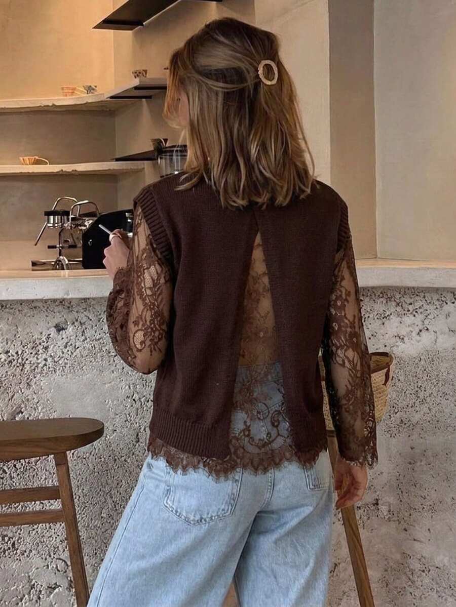 Serisse Women's Sexy Ribbed Lace Patchwork Knit Top - Brown - View 1
