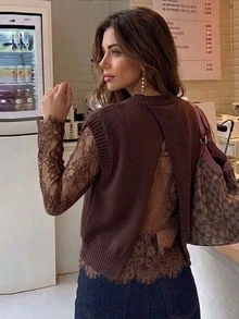Serisse Women's Sexy Ribbed Lace Patchwork Knit Top - Brown - View 8