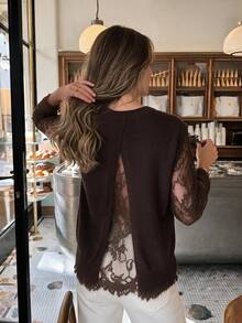 Serisse Women's Sexy Ribbed Lace Patchwork Knit Top - Brown - View 4