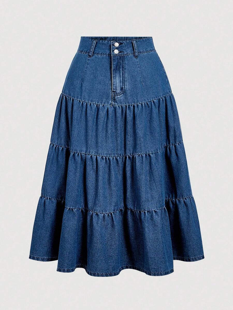 SHEIN MOD Plus Size Casual Washed Multi-Layer Denim Skirt - Blue - View 1