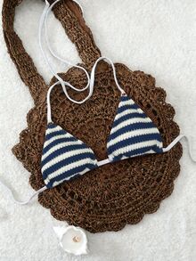 SHEIN Swim Women's Spring/Summer Jacquard Fabric Halter Tie Bikini Top - Multicolor - View 2