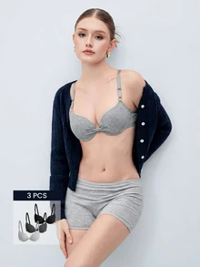 Softvol 3件組女款舒適睡眠內衣，多色，鋼圈，棉質軟罩杯，純色，聚攏胸部 [專為平胸設計] - 彩色 - 查看 1