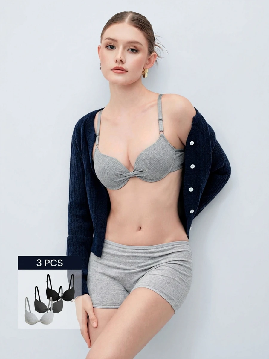Softvol 3件組女款舒適睡眠內衣，多色，鋼圈，棉質軟罩杯，純色，聚攏胸部 [專為平胸設計] - 彩色 - 查看 1