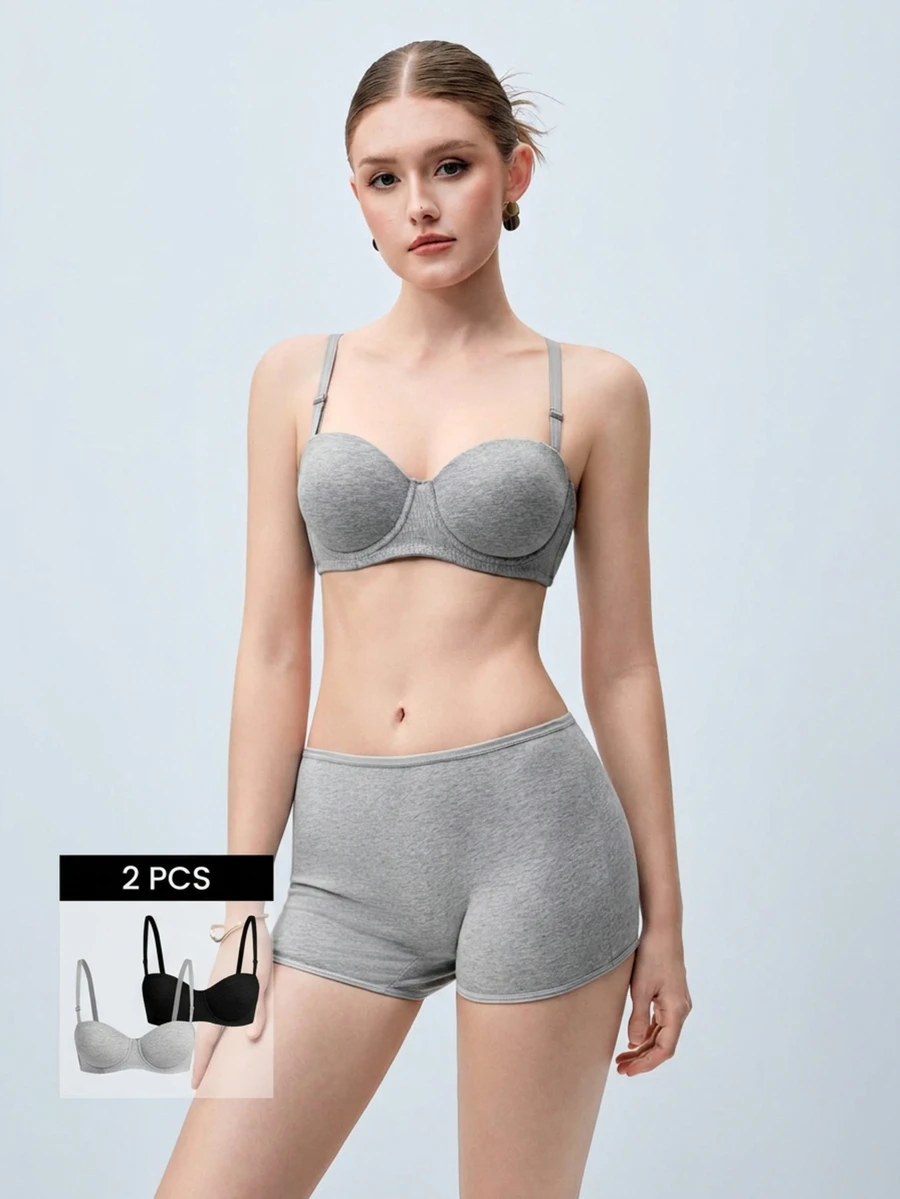 Softvol 2pcs Women's Comfortable Sleeping Underwire Soft Half Cup Solid Cotton Push Up Bra[For Flat Chest] - Multicolor - View 1