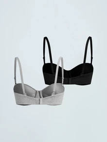 Softvol 2pcs Women's Comfortable Sleeping Underwire Soft Half Cup Solid Cotton Push Up Bra[For Flat Chest] - Multicolor - View 3