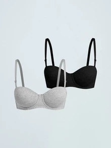 Softvol 2pcs Women's Comfortable Sleeping Underwire Soft Half Cup Solid Cotton Push Up Bra[For Flat Chest] - Multicolor - View 2
